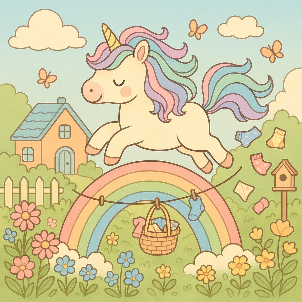Licorne sautant sur un arc-en-ciel avec maison et panier