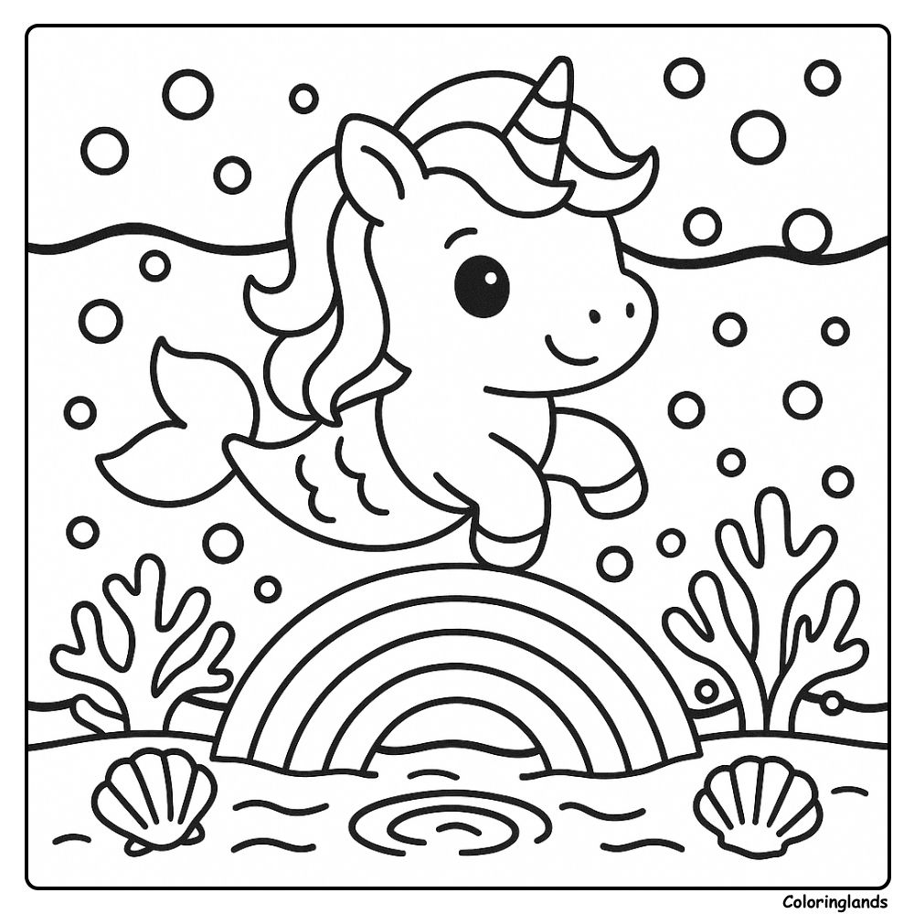 Coloriage licorne arc en ciel au-dessus de coraux et coquillages