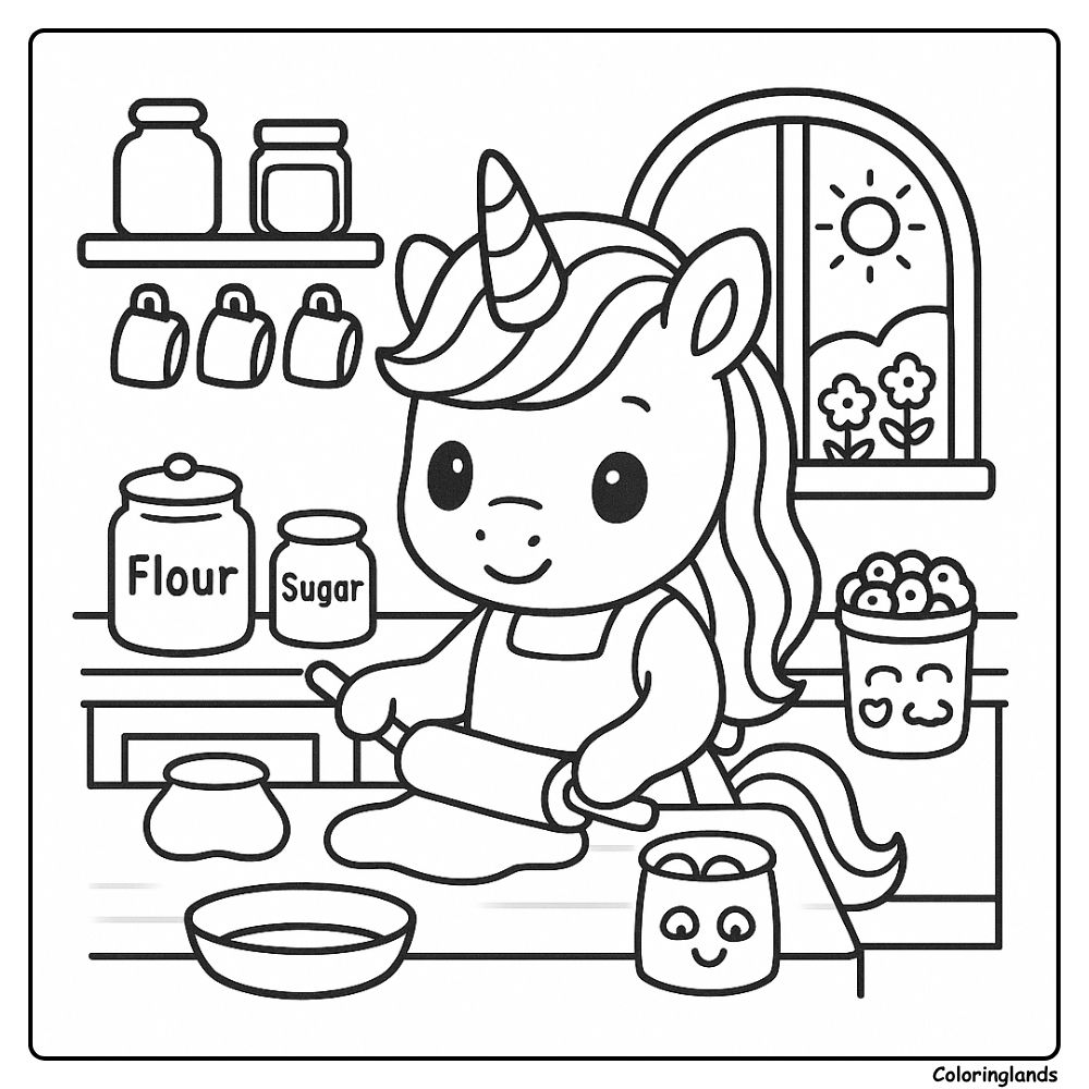 Coloriage enfant licorne dans une cuisine féerique