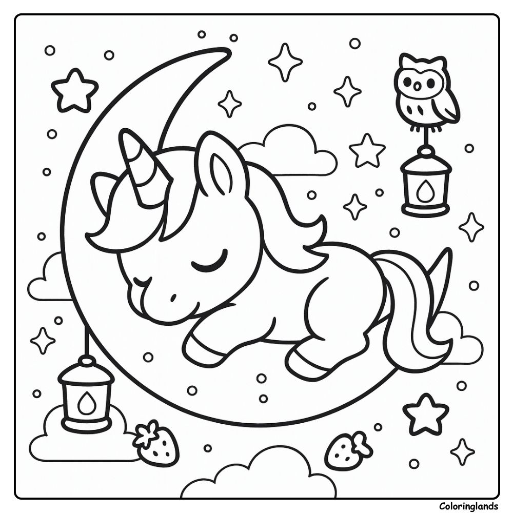 Coloriage licorne facile avec une licorne endormie sous le ciel nocturne