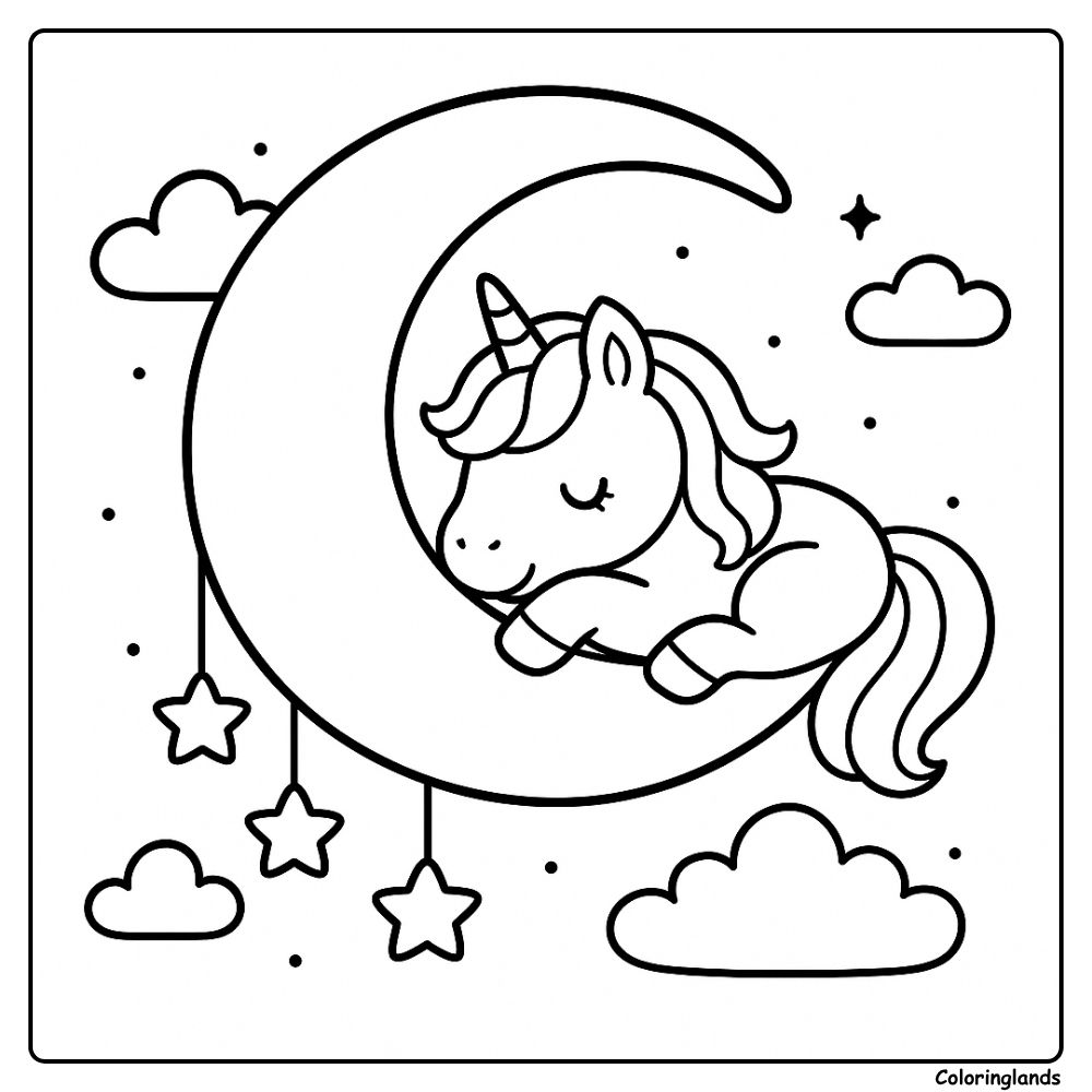 Coloriage licorne facile sur un croissant de lune