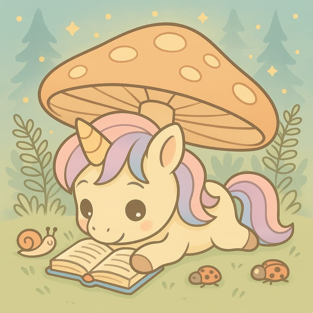 Coloriage licorne facile dans une clairière avec livre, escargot et coccinelles.