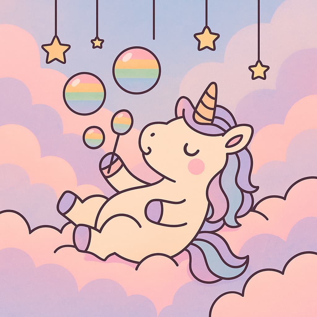 Licorne arc-en-ciel pour enfants soufflant des bulles parmi les étoiles