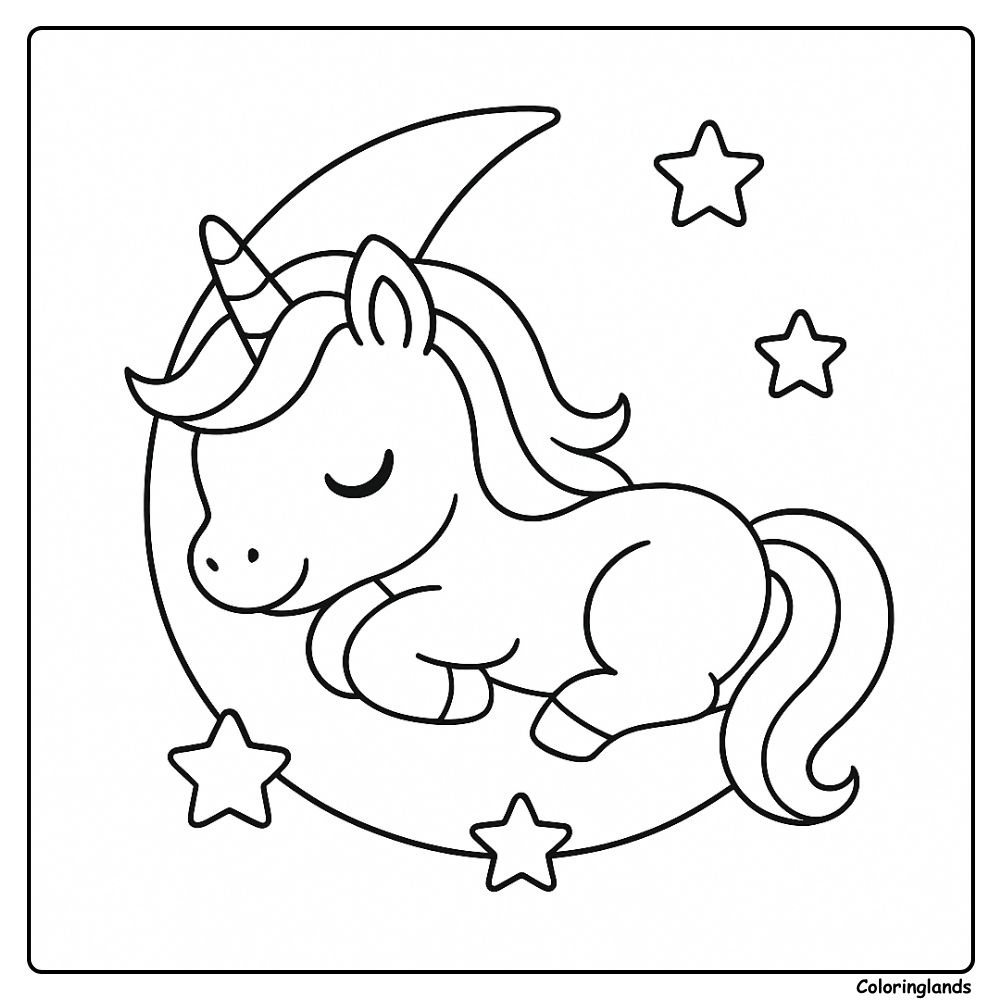 Ciel nocturne avec étoiles et licorne tranquille à colorier