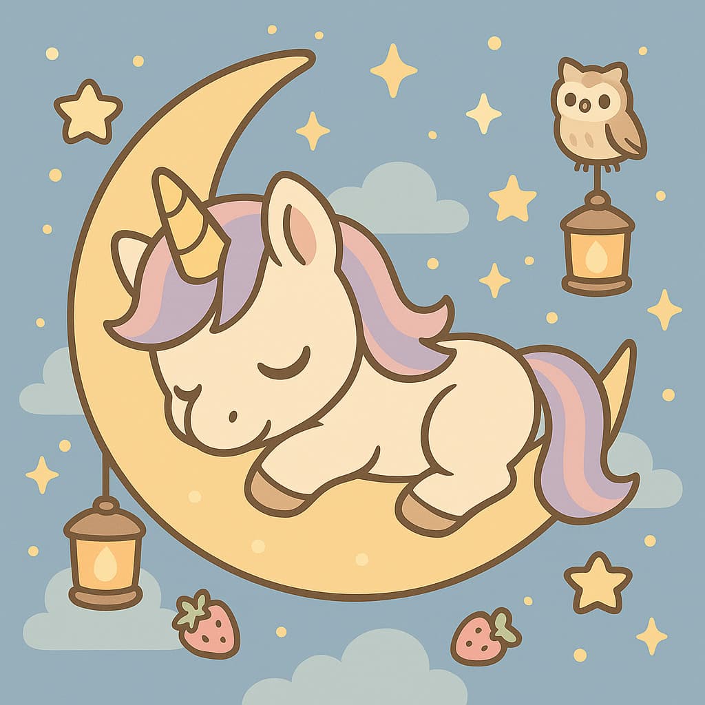 Coloriage licorne facile endormie sous les lanternes avec un hibou sage.