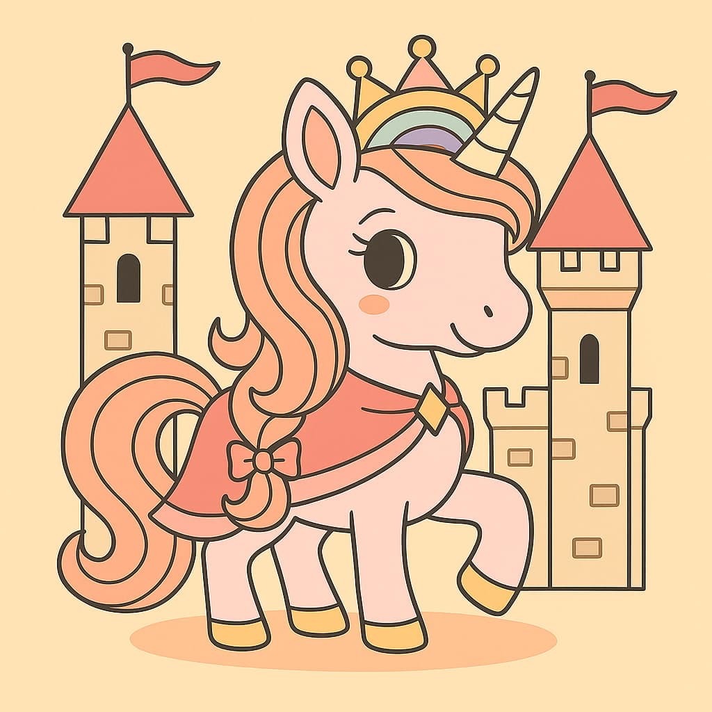 Dessin de licorne princesse souriante à côté de hautes tours