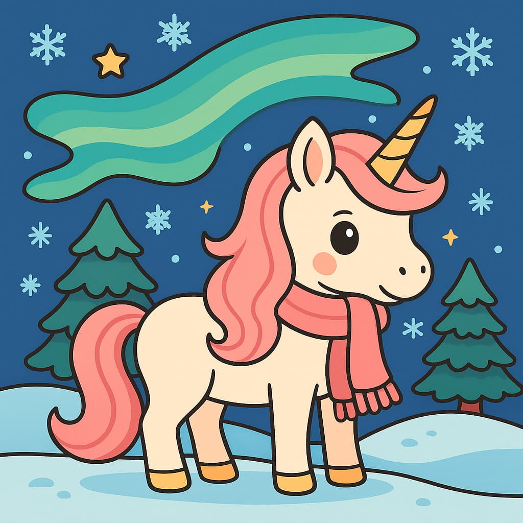 Dessin de licorne hivernale avec arc-en-ciel et flocons de neige
