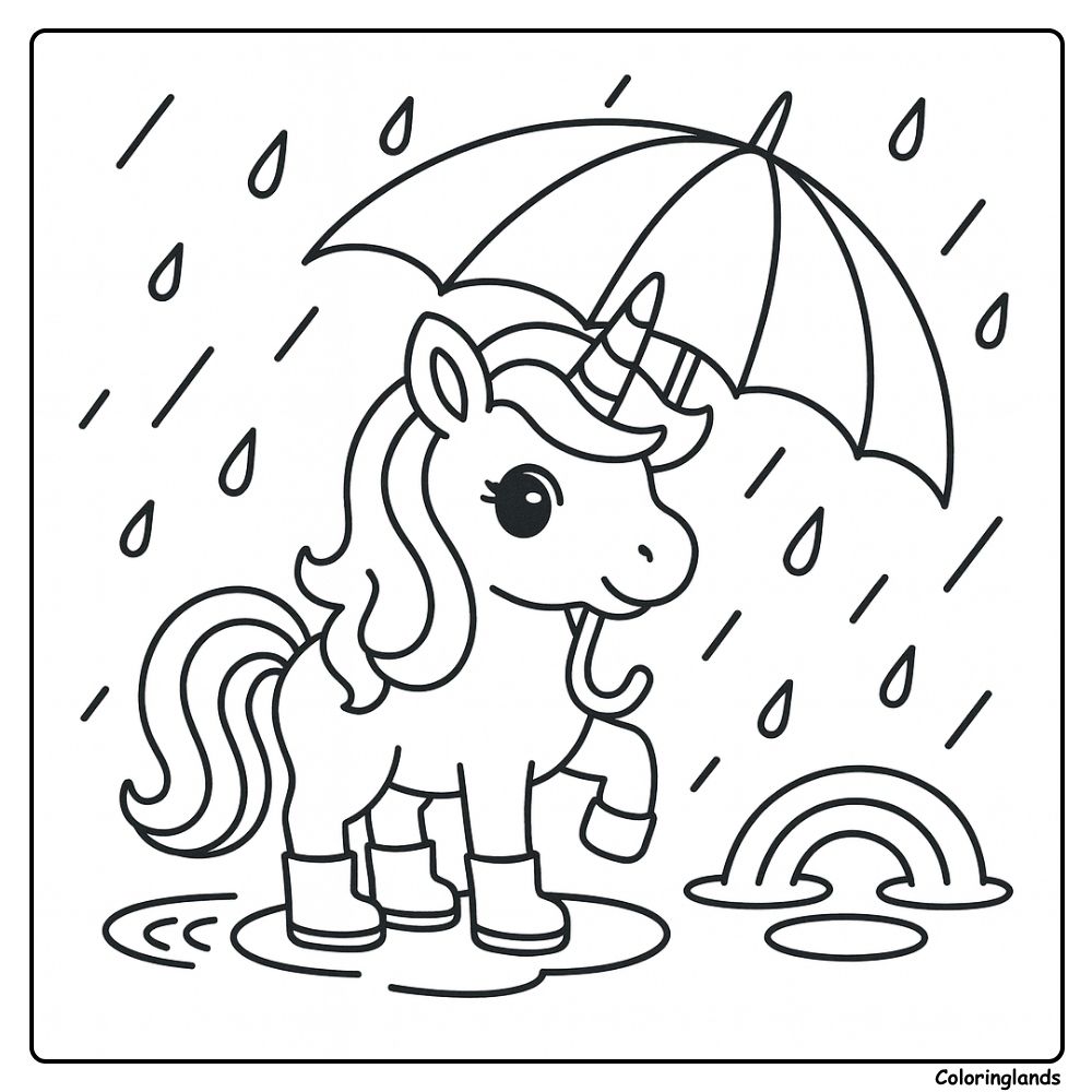 Coloriage licorne arc en ciel sous la pluie avec un petit arc lumineux
