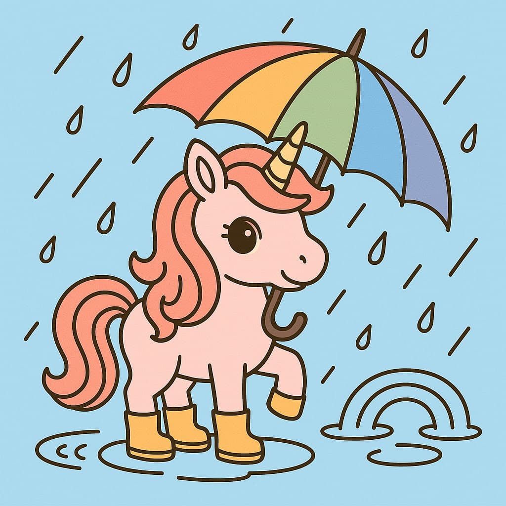 Moment de pluie joyeux avec licorne et flaques d'eau