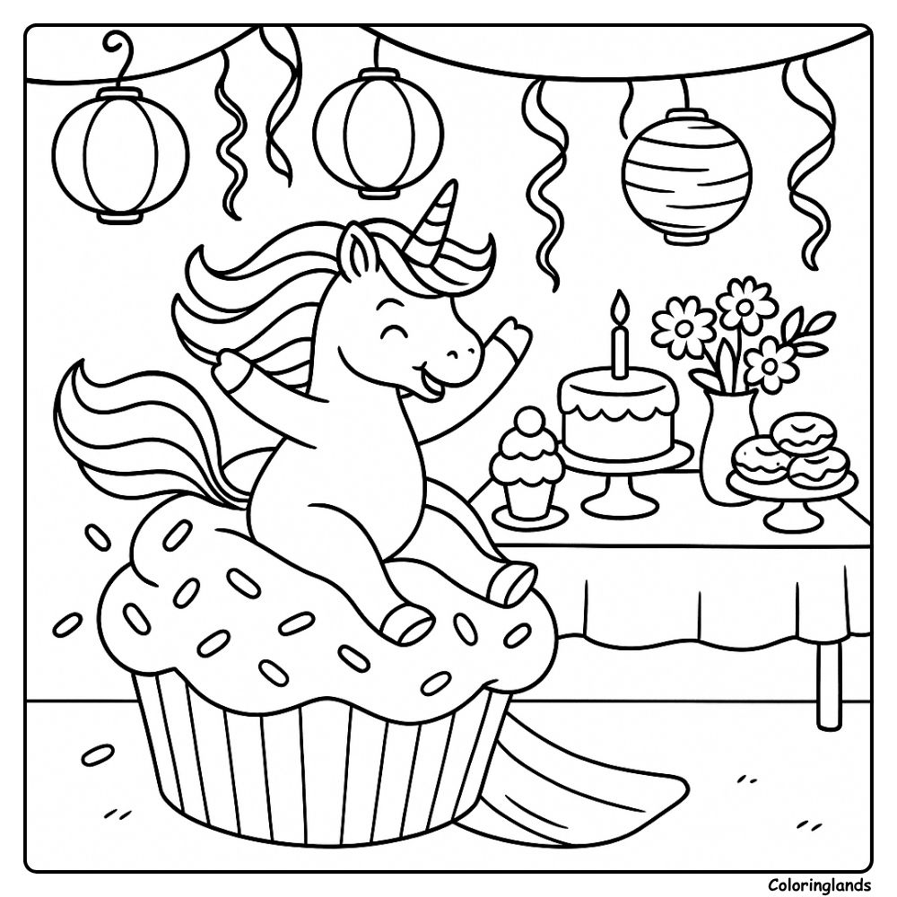 Coloriage enfant licorne avec table de fête et douceurs