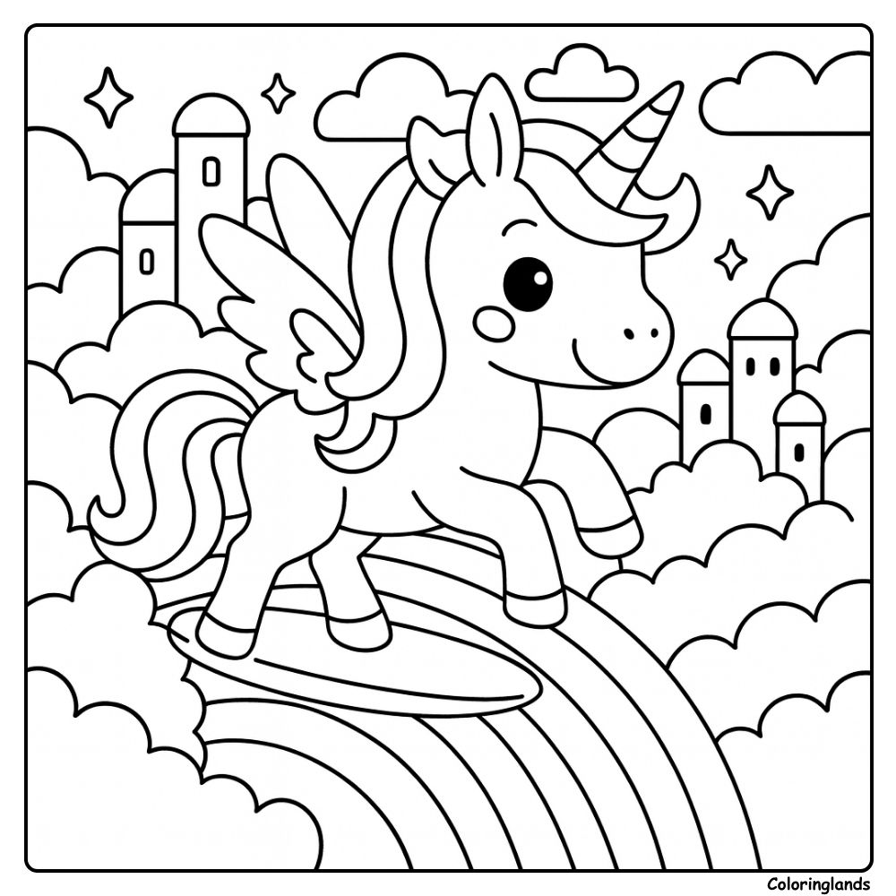 Coloriage licorne arc en ciel avec ailes sur un arc lumineux