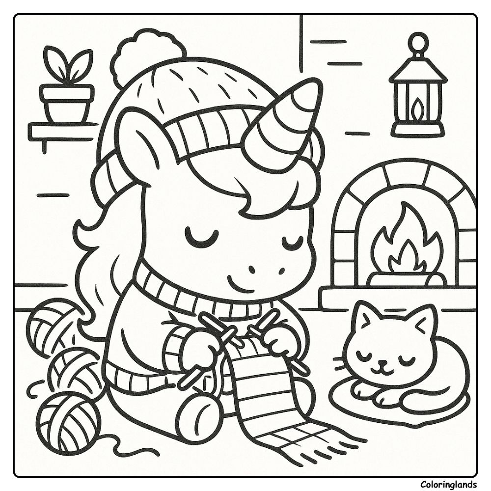 Coloriage enfant licorne avec chat endormi et écharpe