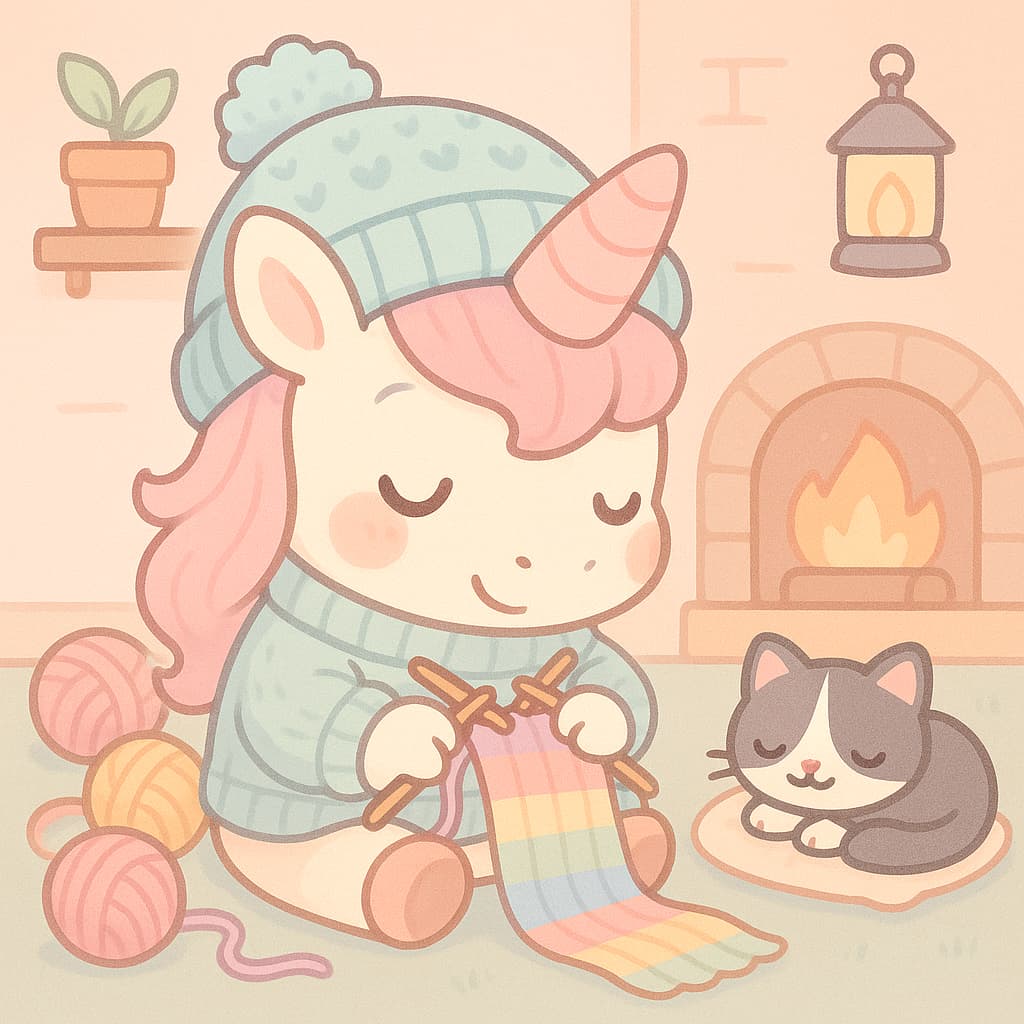 Dessin de licorne tricotant au coin du feu avec un chat