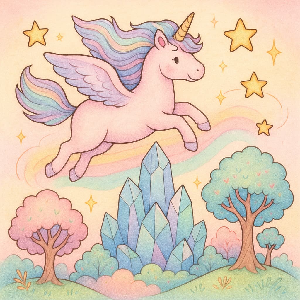 Dessin de licorne volante dans un jardin de cristaux pastel