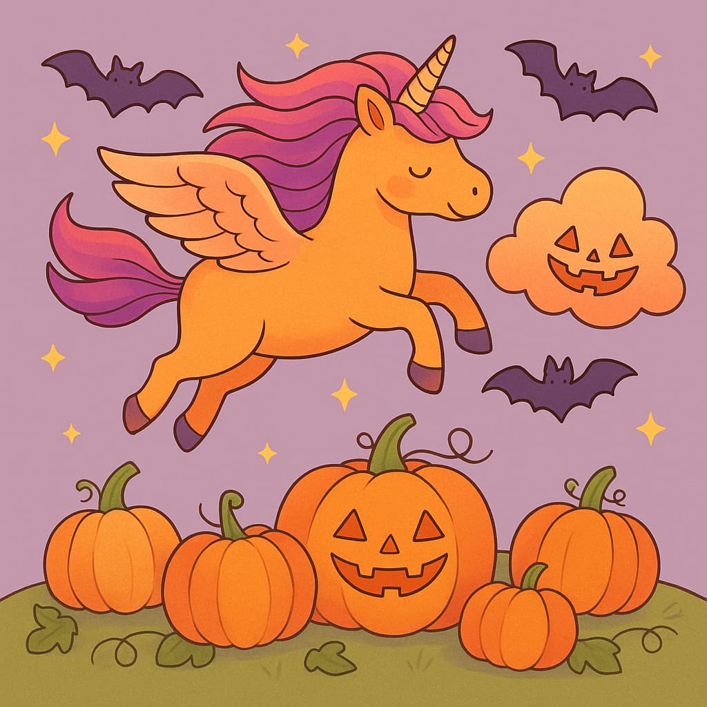 Dessin de licorne volante avec chauves-souris, citrouilles et un nuage souriant.