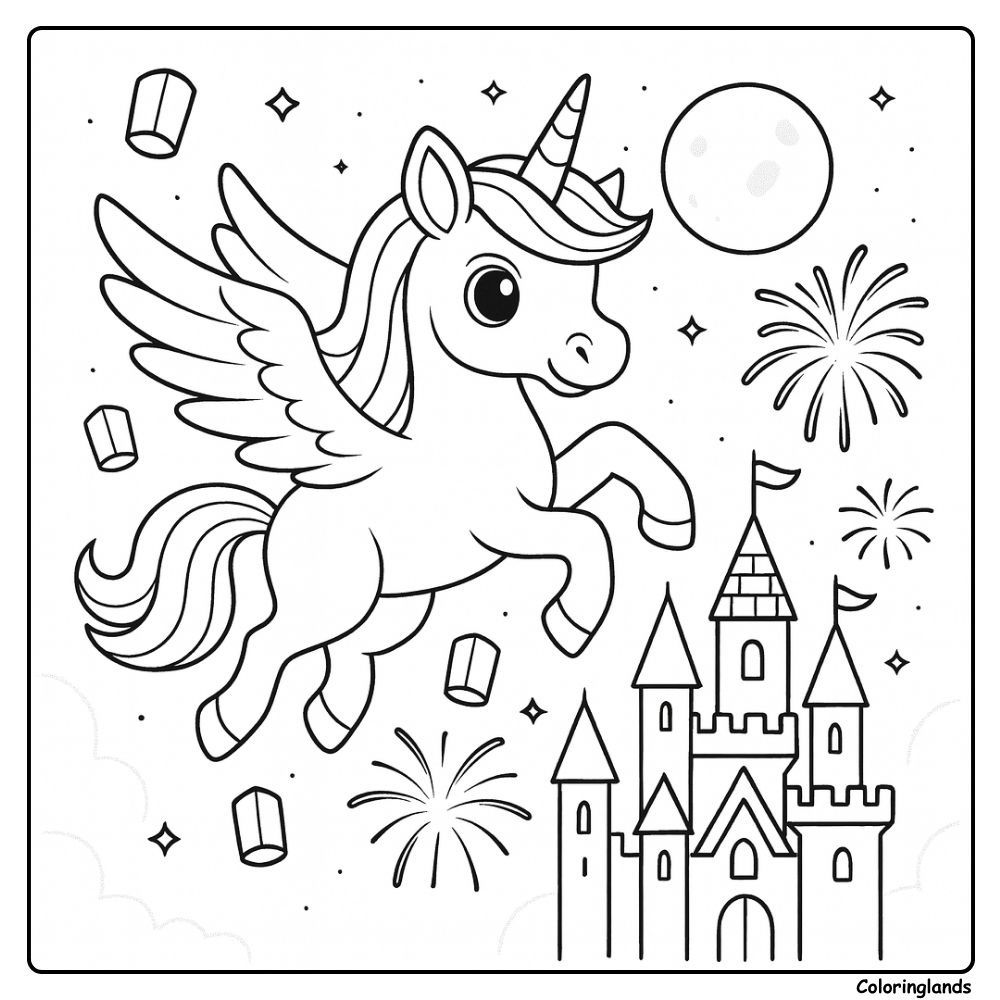 Coloriage licorne volante avec château et feux d'artifice