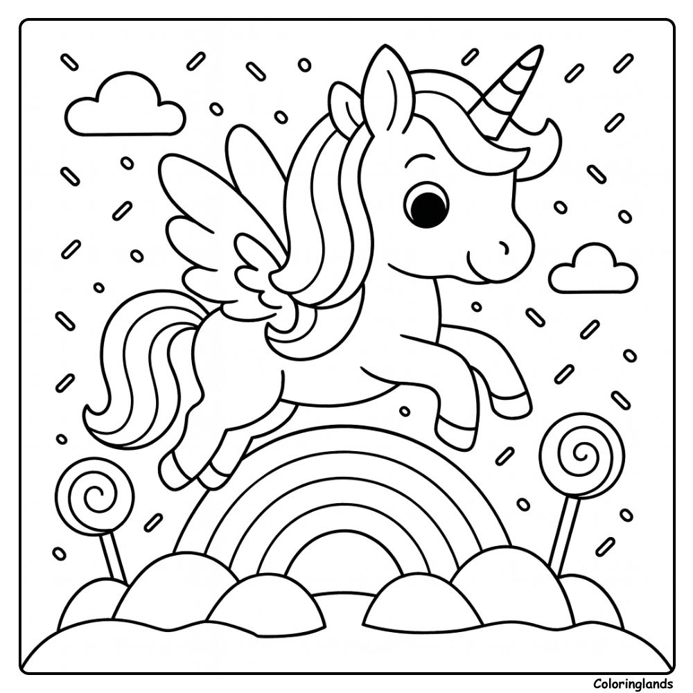 Coloriage licorne arc en ciel avec un ami ailé au-dessus des douceurs
