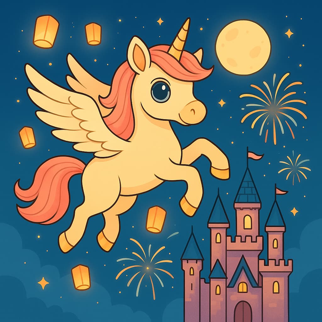 Dessin de licorne volante lors d'une nuit de festival avec château et lanternes flottantes.