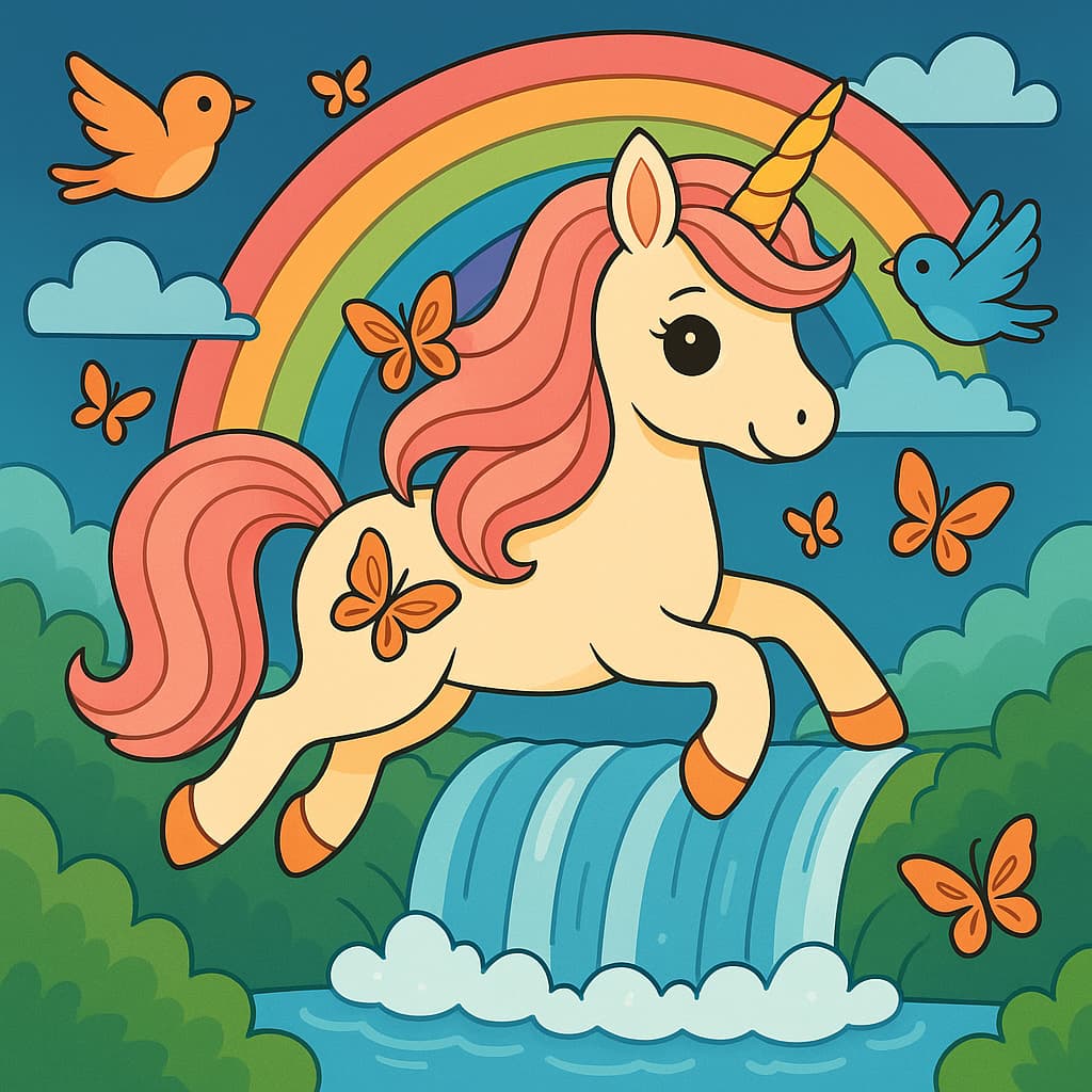 Dessin de licorne volante dans une vallée verte avec arc-en-ciel et oiseaux