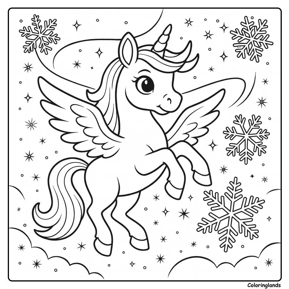 Coloriage licorne volante scintillante avec neige d'hiver