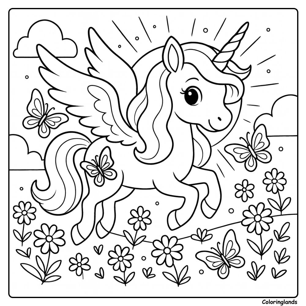 Coloriage licorne volante dans un jardin fleuri