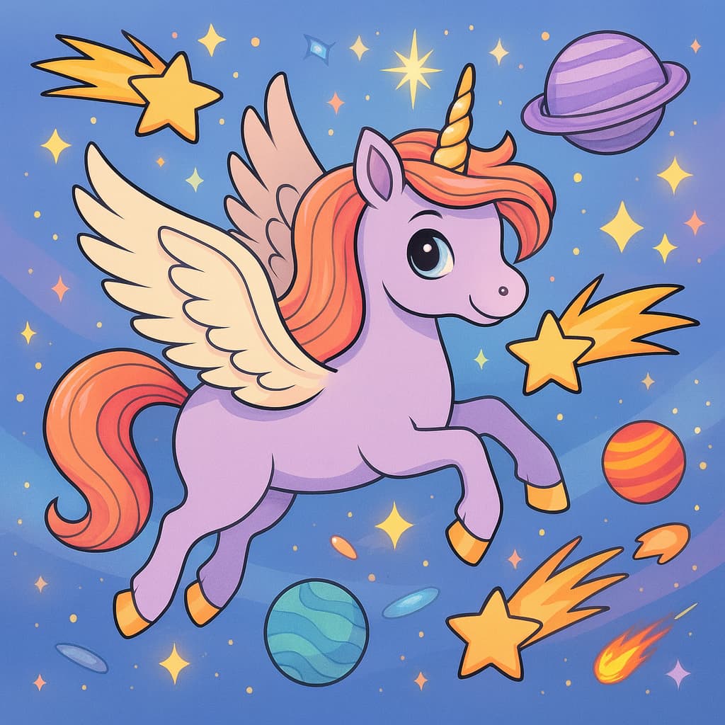 Dessin de licorne volante explorant une galaxie colorée