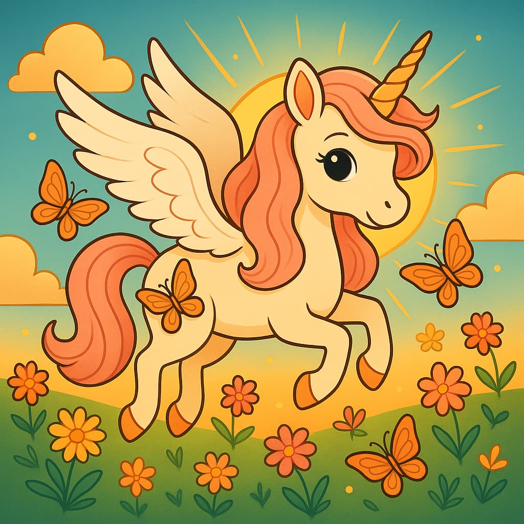 Dessin de licorne volante trottant parmi les fleurs sous un soleil éclatant.