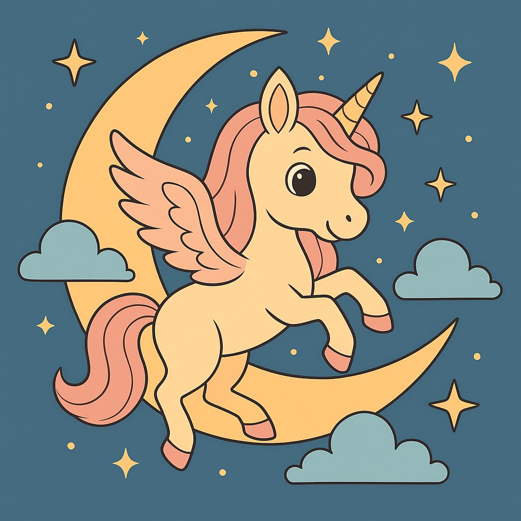 Dessin de licorne volante la nuit avec étoiles, nuages et lune courbée.