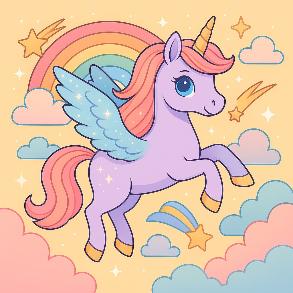 Dessin de licorne volante avec arc-en-ciel et étoiles filantes