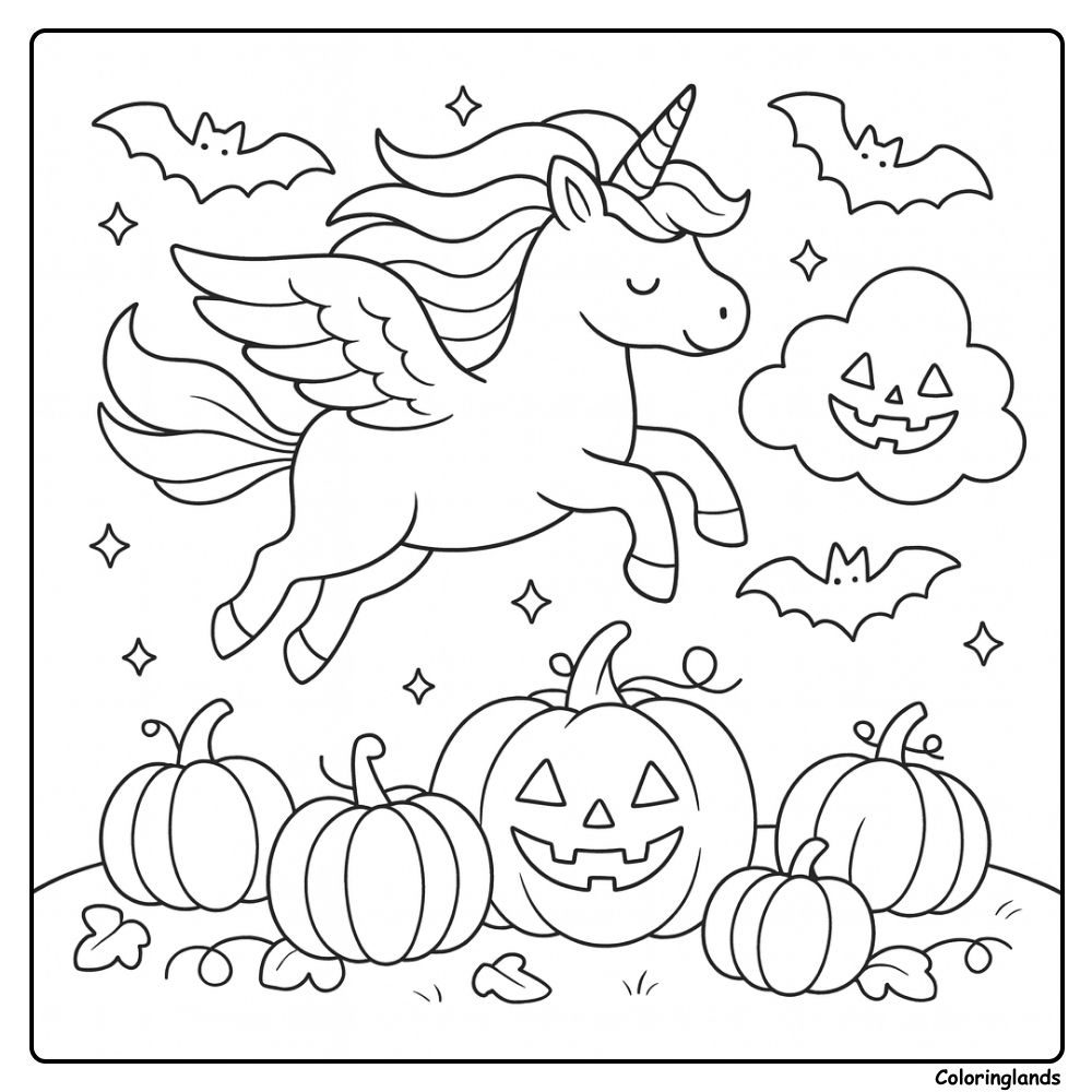 Coloriage licorne volante pour Halloween avec chauves-souris et citrouilles