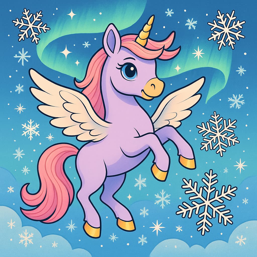 Dessin de licorne volante avec flocons et aurores boréales