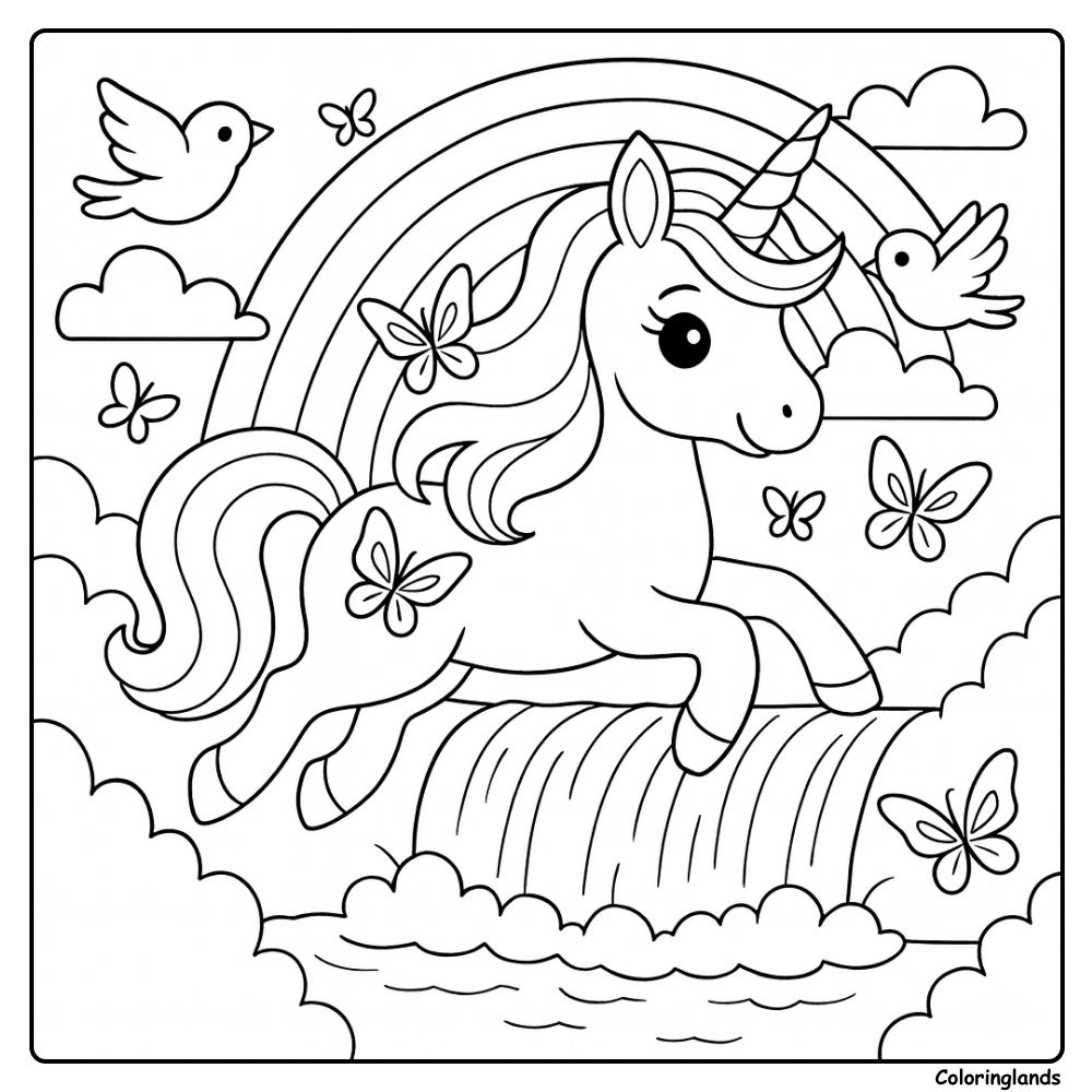 Coloriage licorne volante avec oiseaux et arc-en-ciel