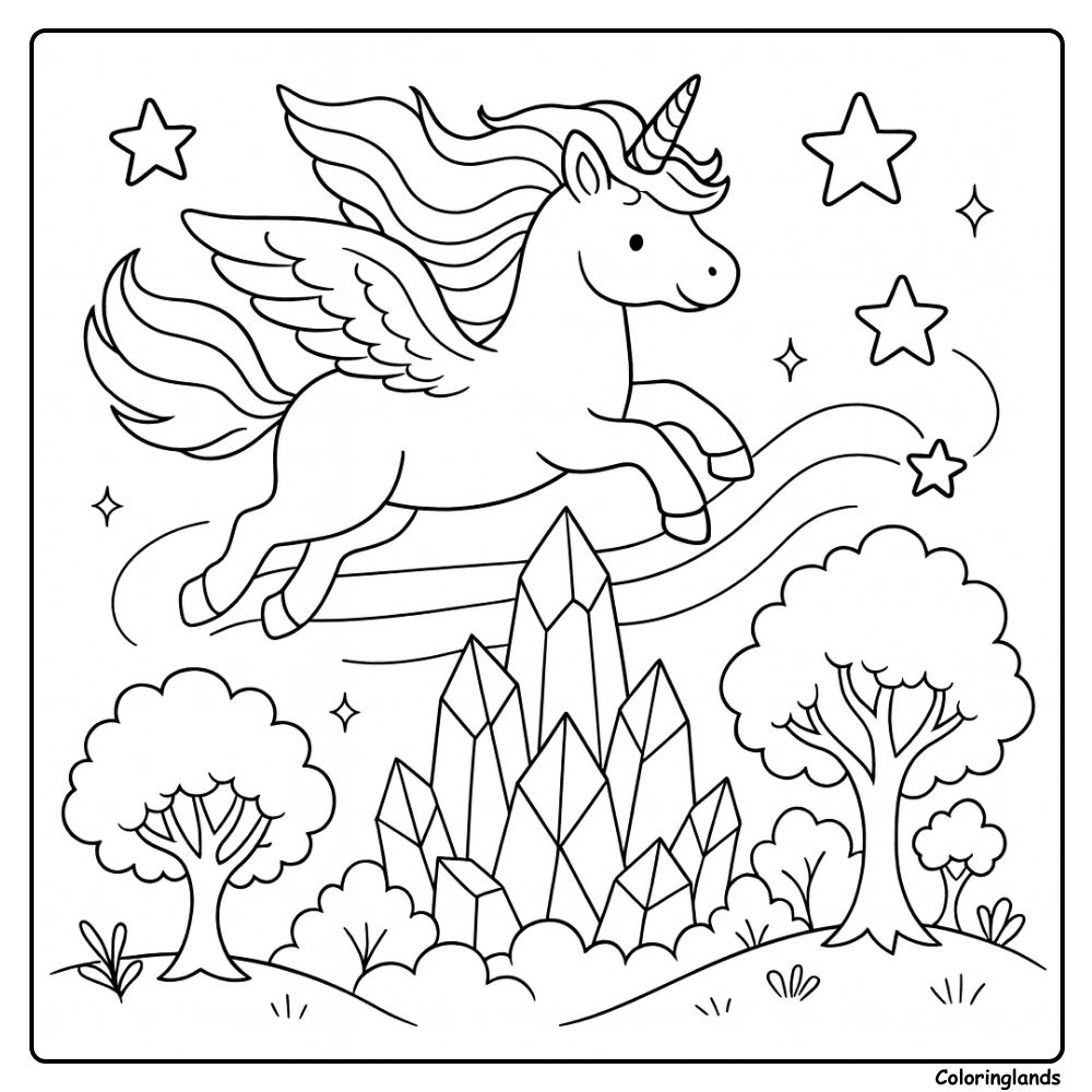 coloriage licorne volante magique avec étoiles et rochers