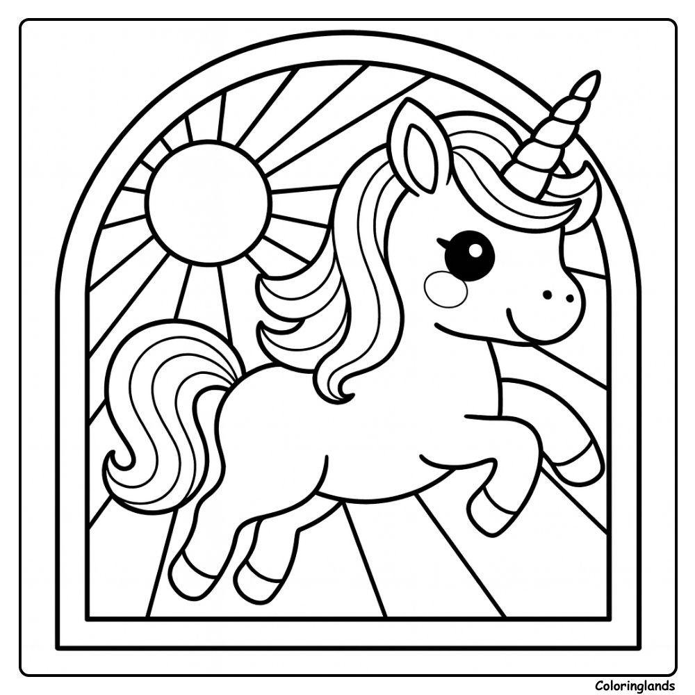 Coloriage licorne arc en ciel sous les rayons du lever de soleil