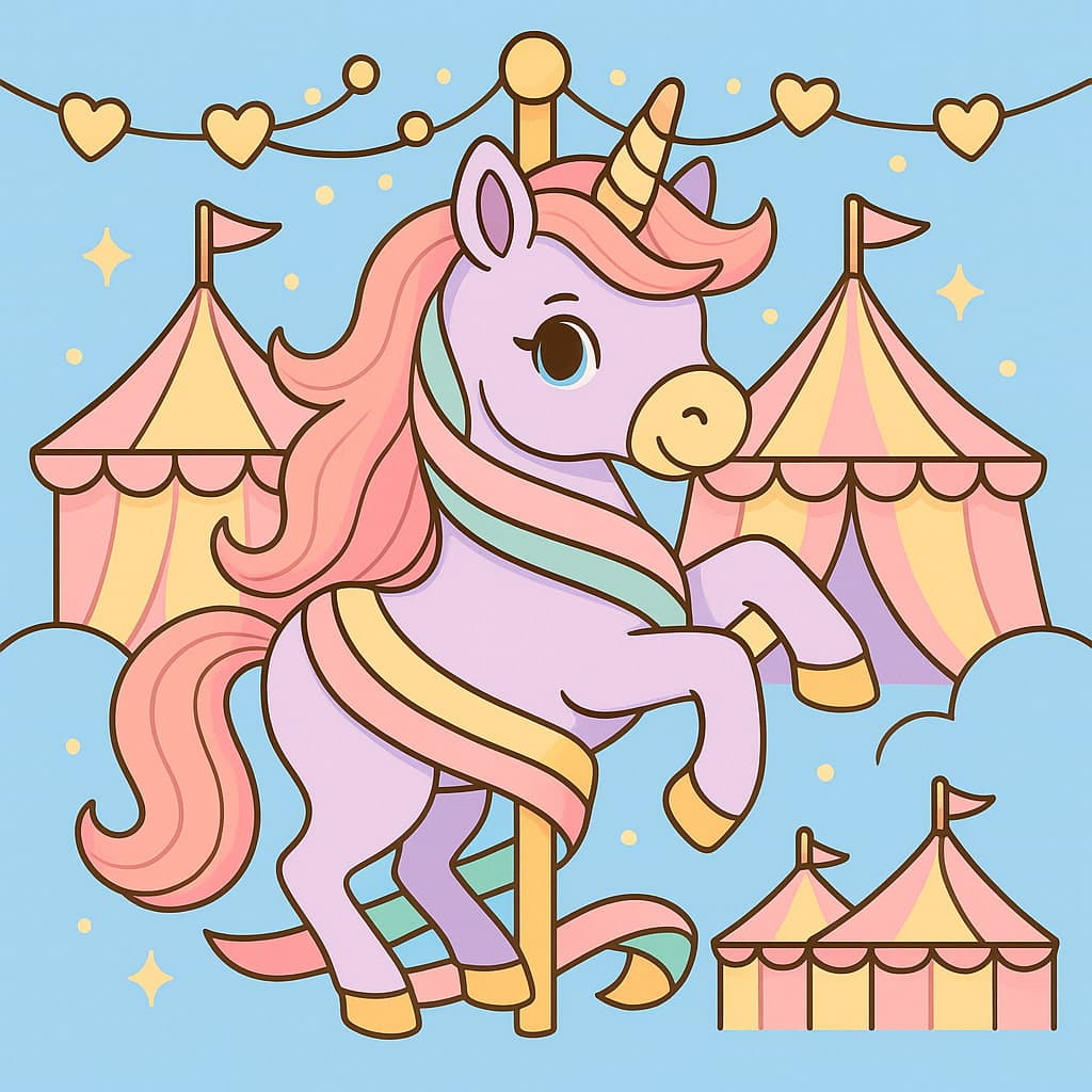 Licorne de carnaval dansant sur un manège parmi des tentes rayées.