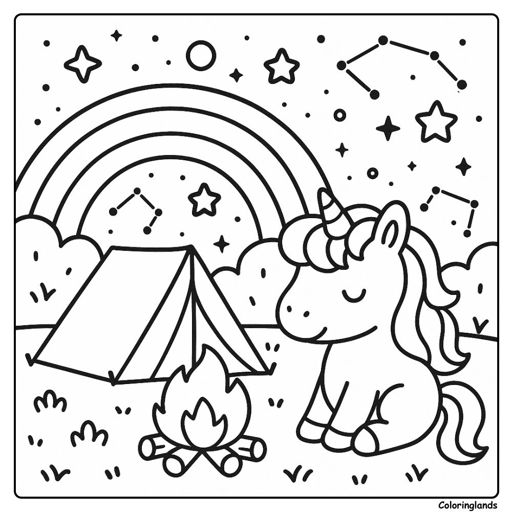 Page de coloriage licorne arc en ciel avec tente, flammes et constellations