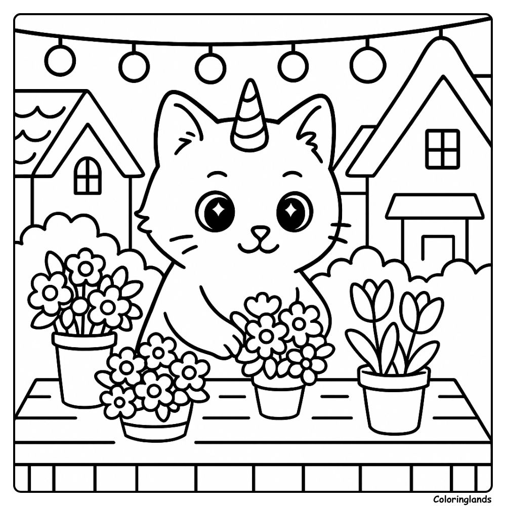 Un moment magique avec un coloriage chat licorne kawaii au marché