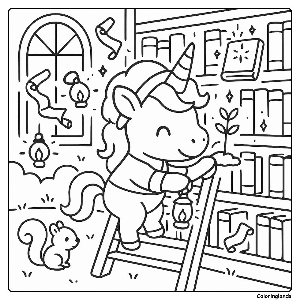 Coloriage enfant licorne avec lanterne et pousse