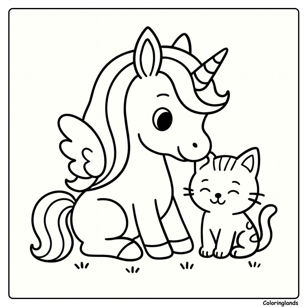 Coloriage licorne facile avec un chaton complice