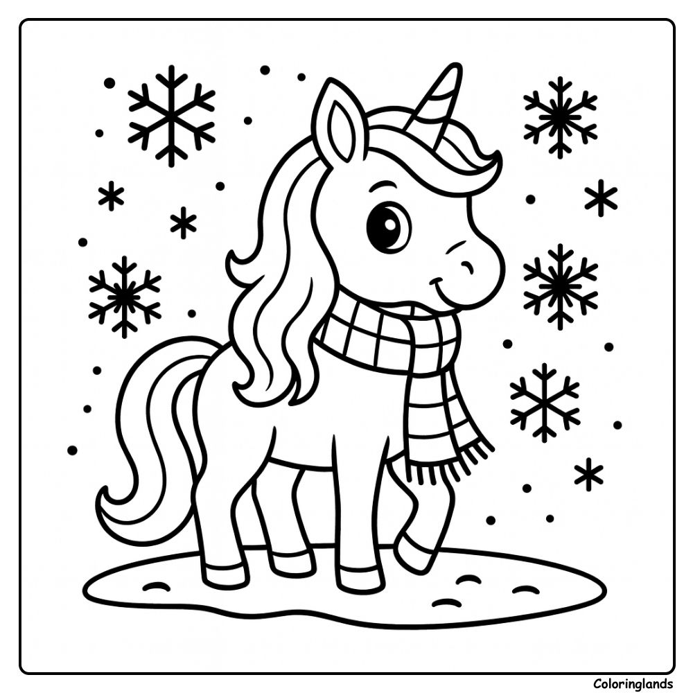 Coloriage licorne facile en hiver avec une écharpe dans la neige