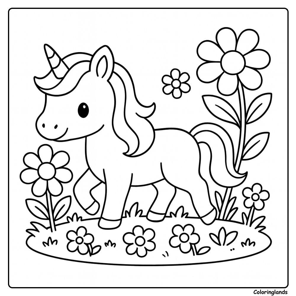 Coloriage licorne facile dans un jardin fleuri
