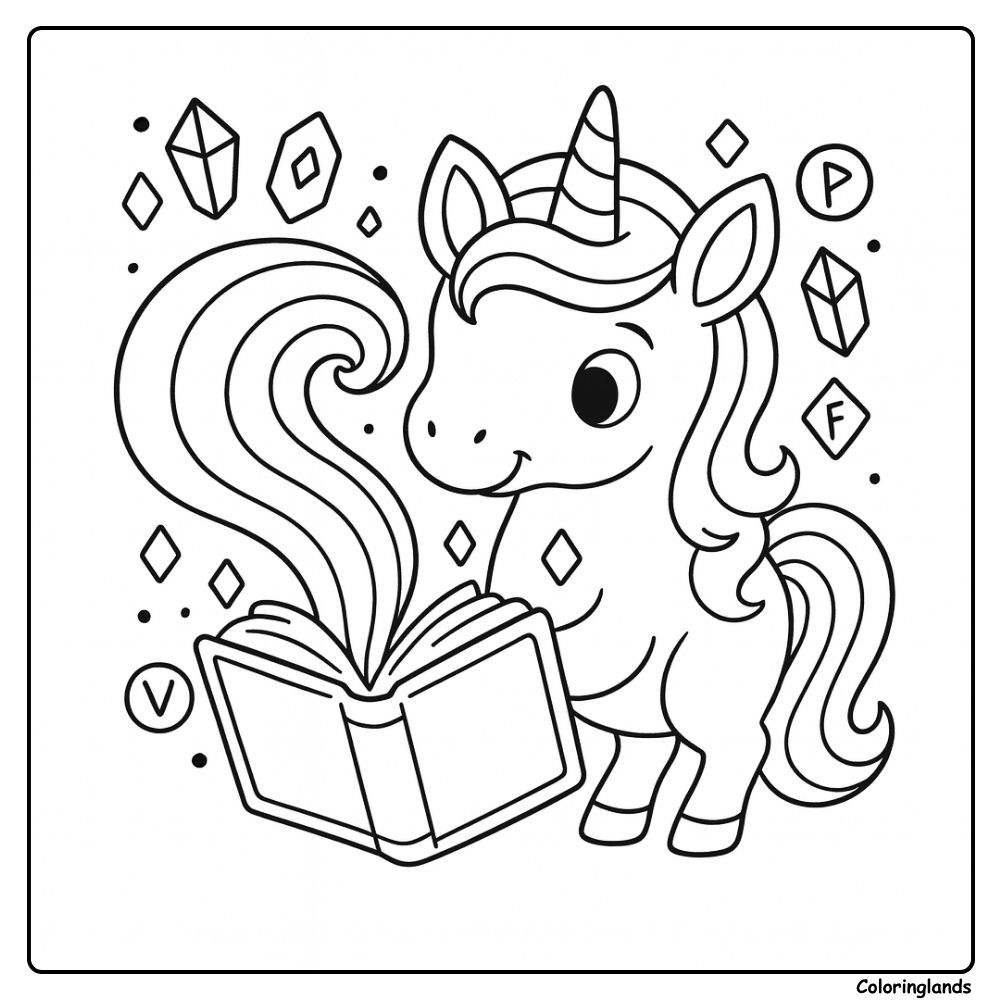 Coloriage licorne arc en ciel avec formes cristallines