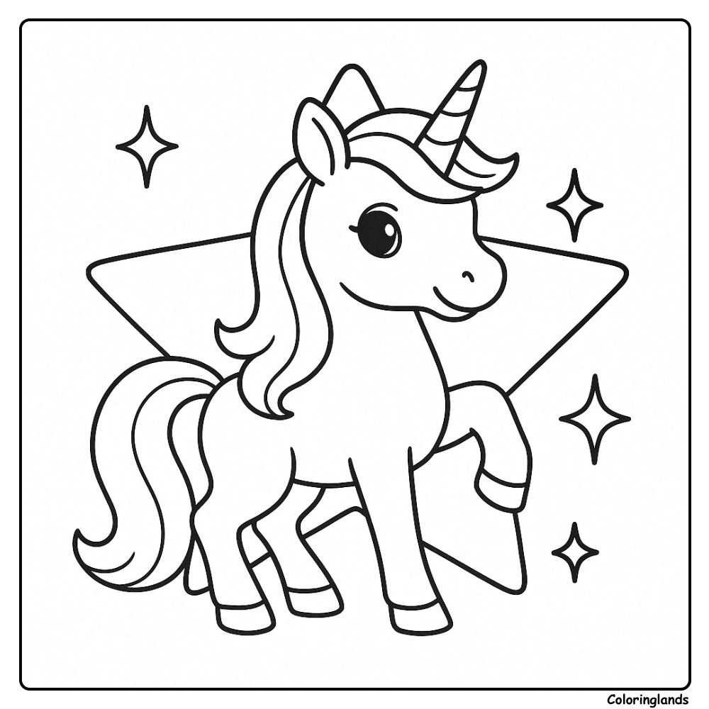 Coloriage licorne facile avec une licorne magique et des étoiles scintillantes