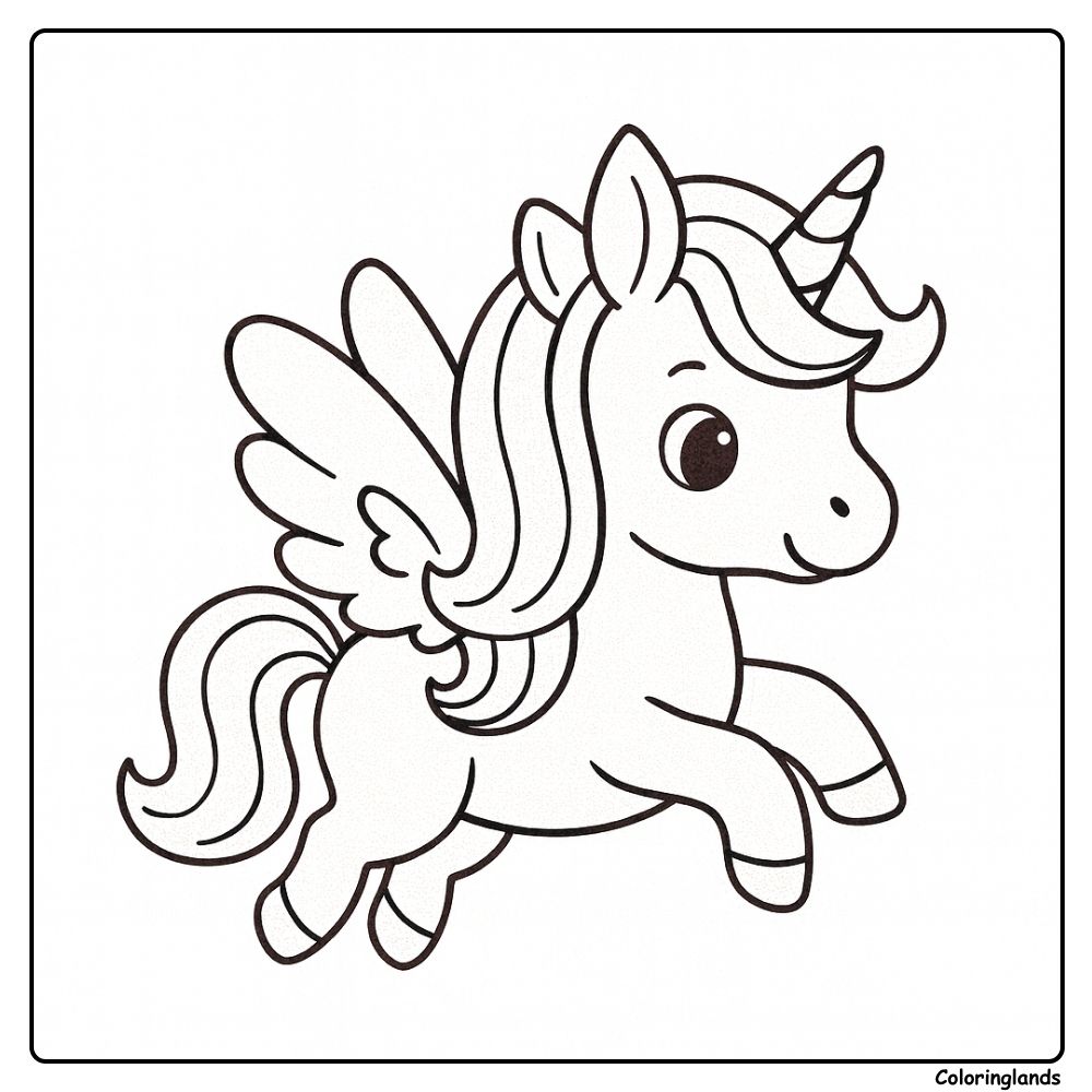 Page de coloriage licorne facile style Pégase en saut vivant