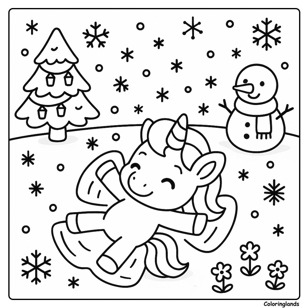 Coloriage licorne facile en hiver avec flocons de neige