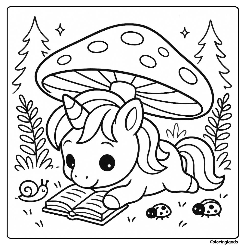 Coloriage licorne facile avec une licorne lisant sous un champignon
