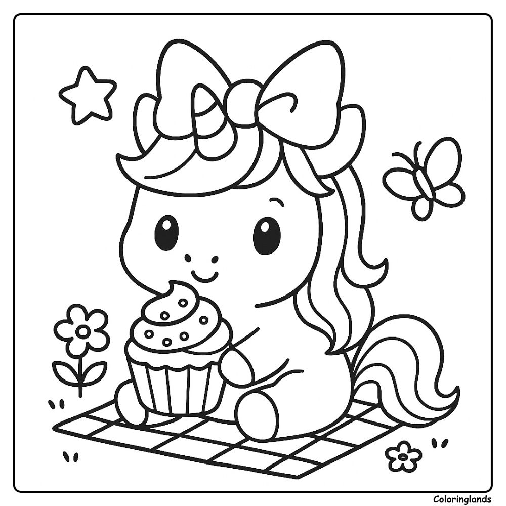 Coloriages licorne faciles pour filles en train de savourer un cupcake
