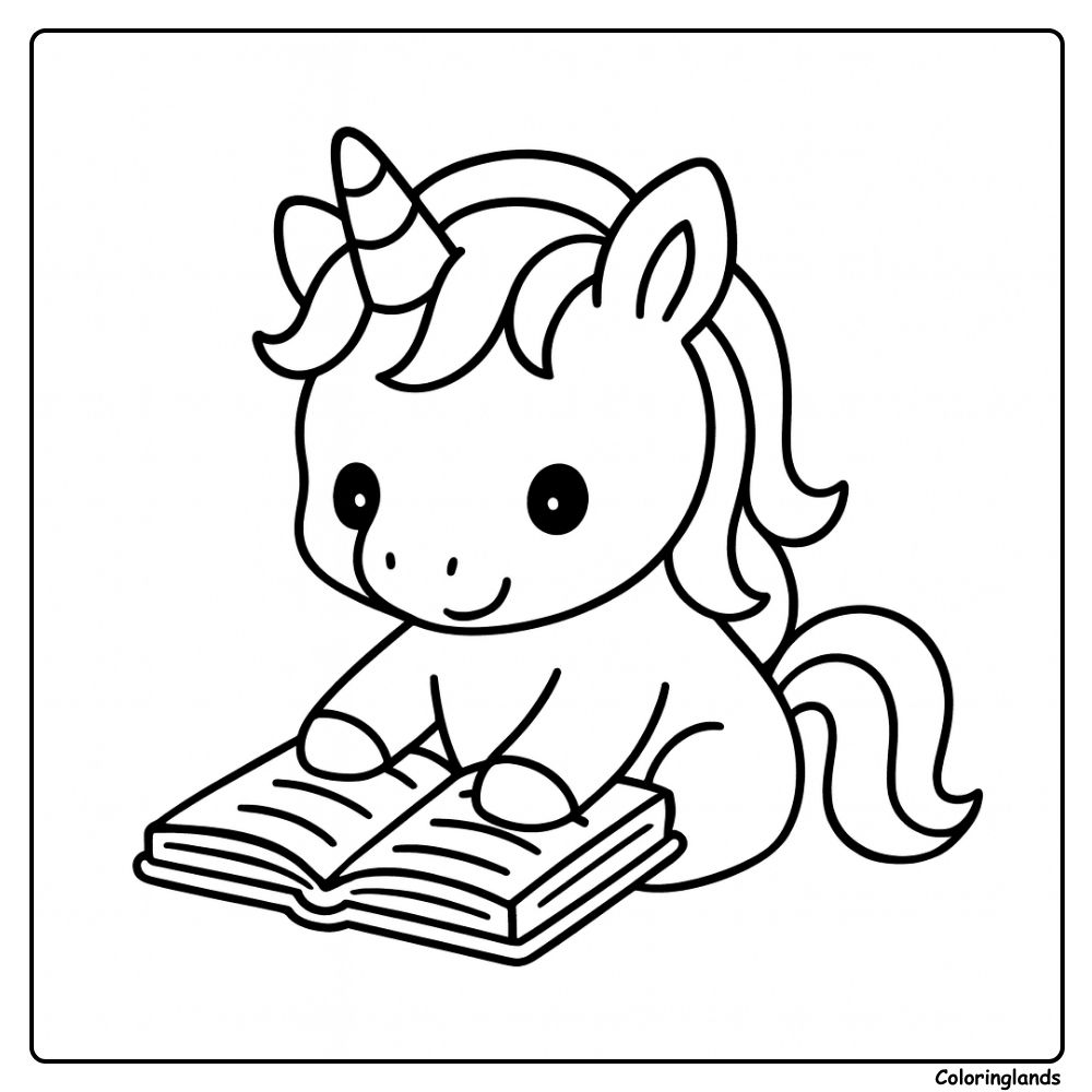 Coloriage licorne facile avec une licorne qui lit
