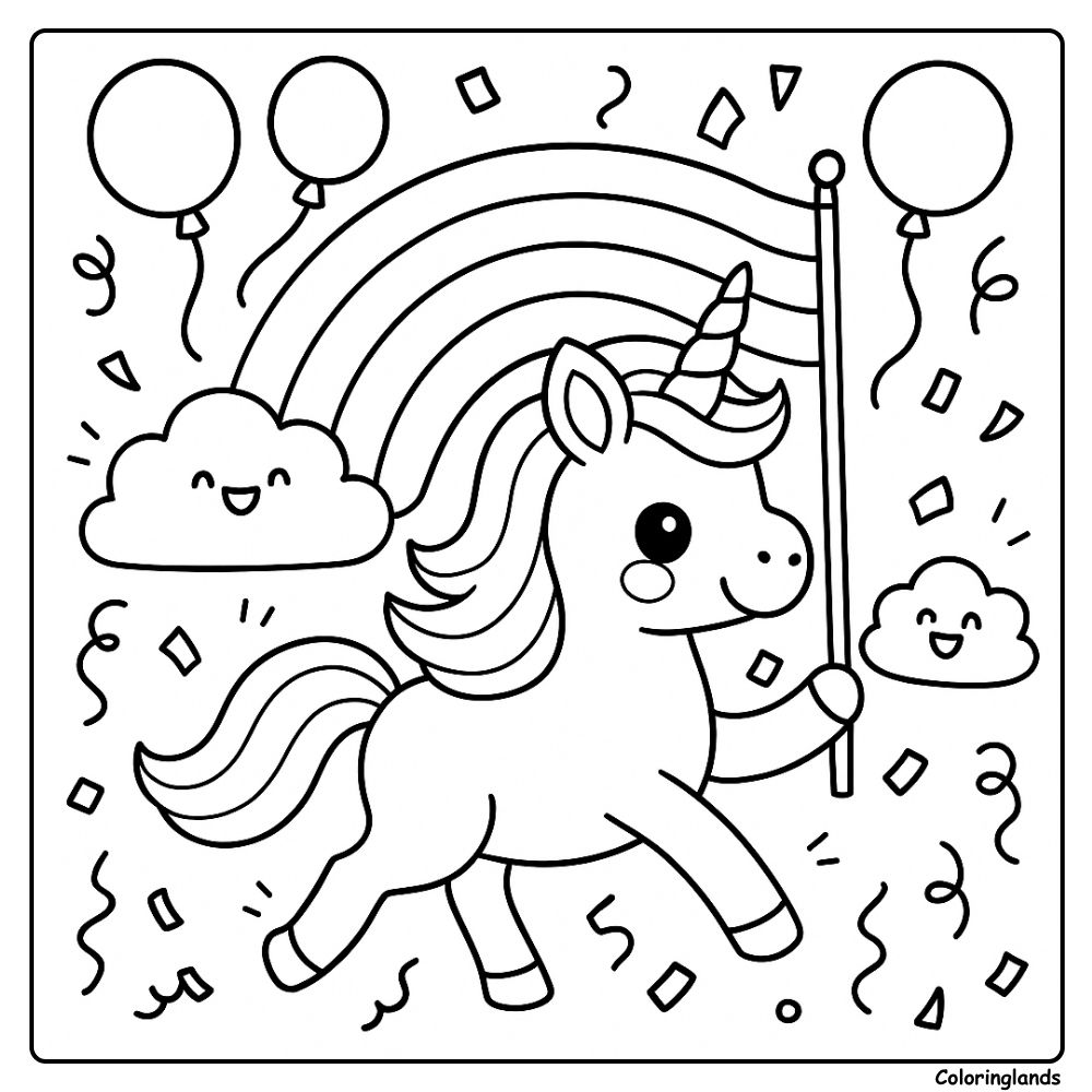 Coloriage licorne arc en ciel avec drapeau, ballons et nuages