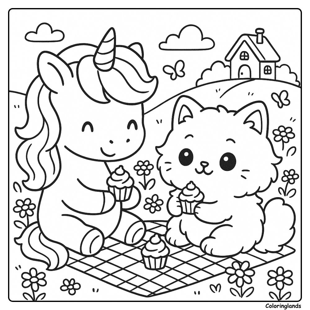 Colorier de licornes et de chat sur une couverture fleurie